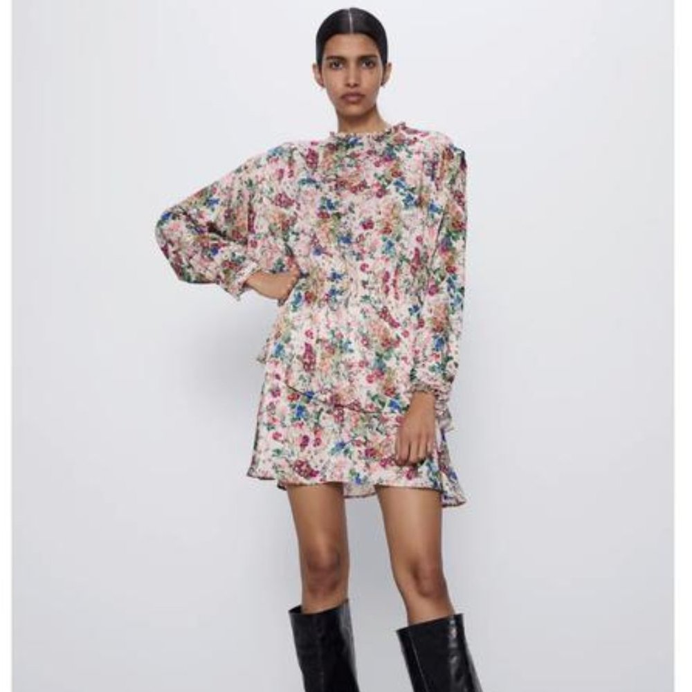 Zara Floral Print Ruffle Dress Size XS